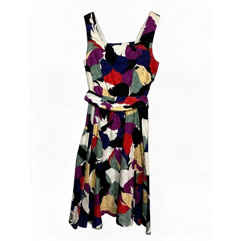 Vintage 80s Bright Floral Sundress Fit Flare Women Size Small S Open Tie Back